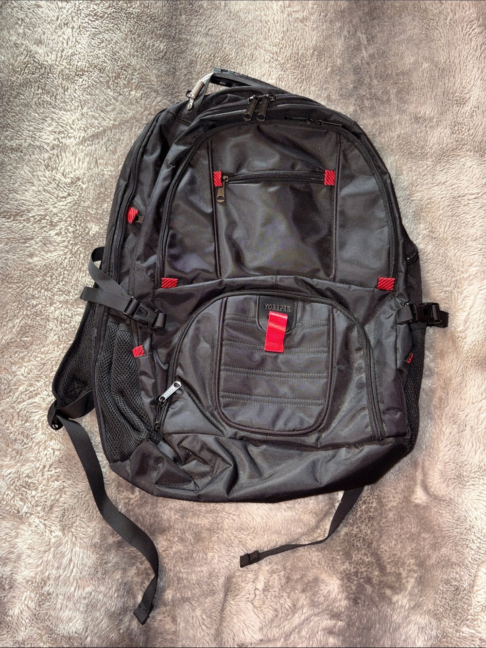 Men's Black and Red Backpack with Organized Storage